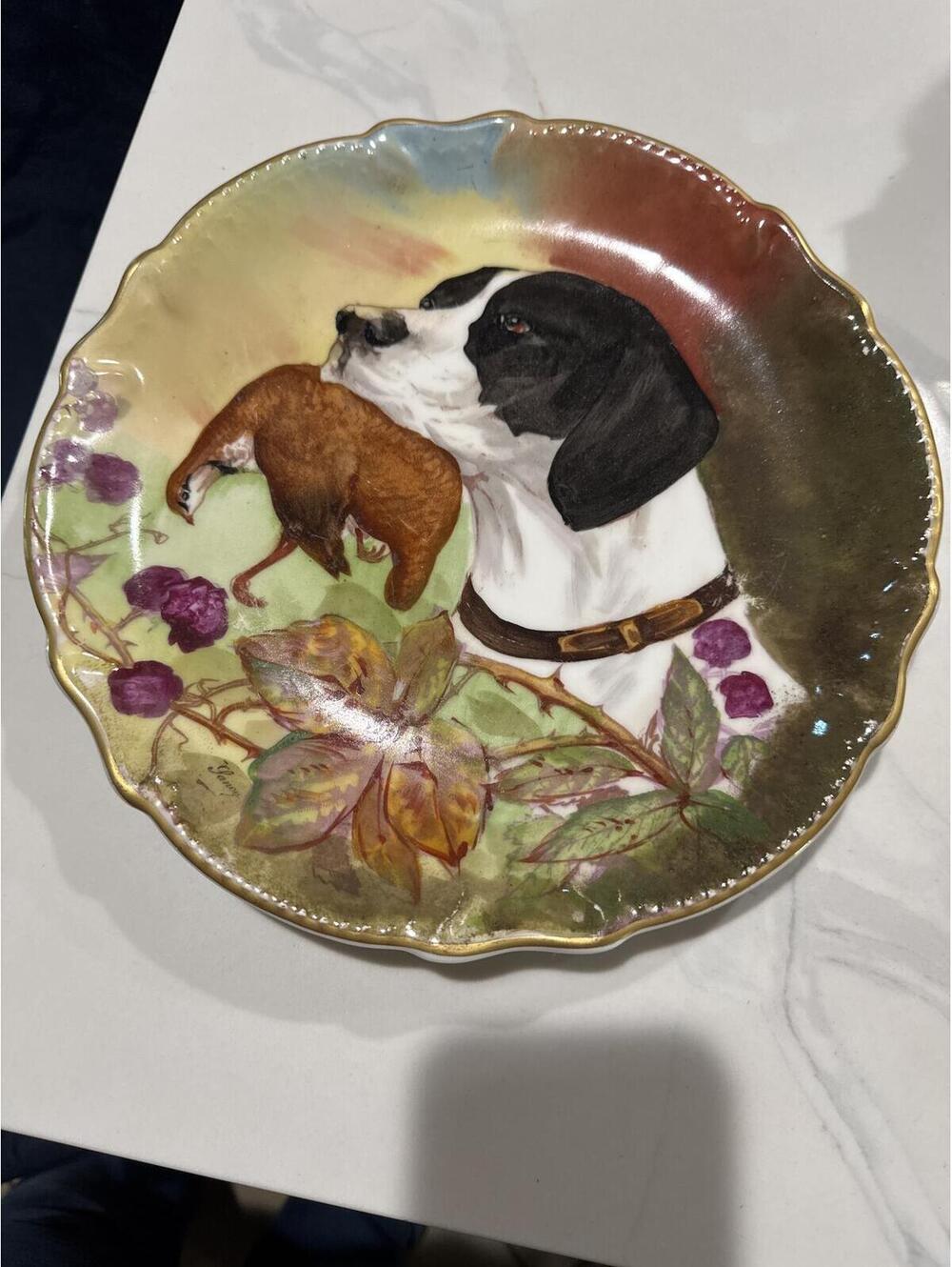 Limoges Biarritz France Decorative Dog Plate with Bird Design
